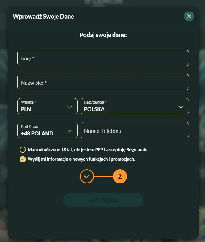 Formularz rejestracji Lemon Casino – uzupełnienie danych osobowych